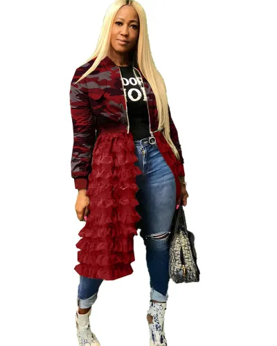 S-3XL Women Irregular Ruffled Mesh Hem Camouflage Street Jacket