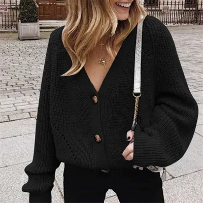 S-XL Women Casual V-Neck Buttoned Lantern Sleeve Sweater