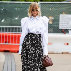 S-L Women Fashion Solid Color Puff Sleeve Elegant Blouses