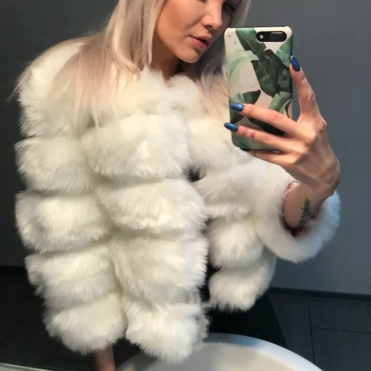 S-4XL Women Fashion Round Neck Faux Fur Coat Street Style