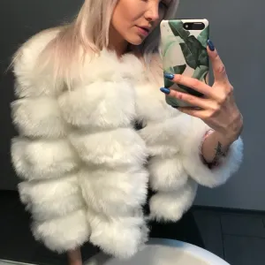 S-4XL Women Fashion Round Neck Faux Fur Coat Street Style