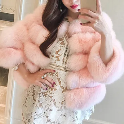 S-4XL Women Fashion Round Neck Faux Fur Coat Street Style