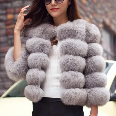 S-4XL Women Fashion Round Neck Faux Fur Coat Street Style