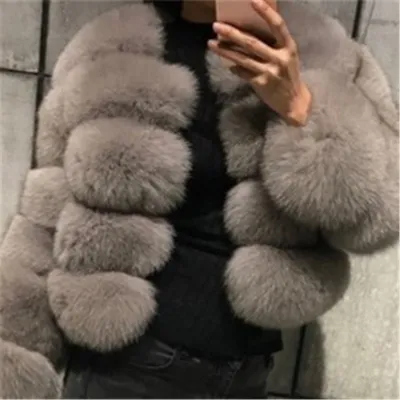 S-4XL Women Fashion Round Neck Faux Fur Coat Street Style