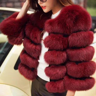 S-4XL Women Fashion Round Neck Faux Fur Coat Street Style