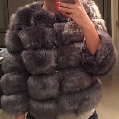 S-4XL Women Fashion Round Neck Faux Fur Coat Street Style