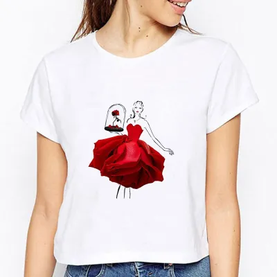 XS-3XL Women Fashion Rose Girl 3D Printing T-Shirts