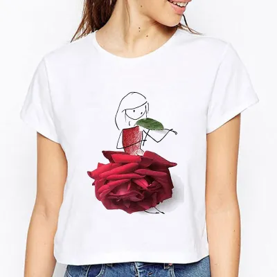 XS-3XL Women Fashion Rose Girl 3D Printing T-Shirts