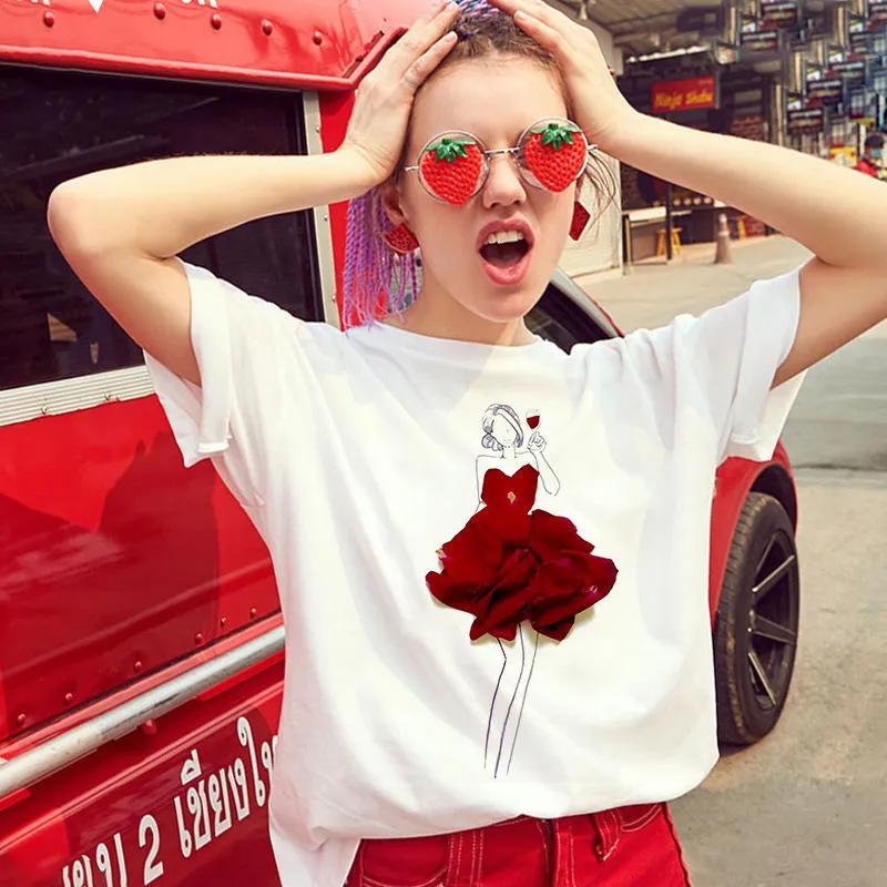 XS-3XL Women Fashion Rose Girl 3D Printing T-Shirts