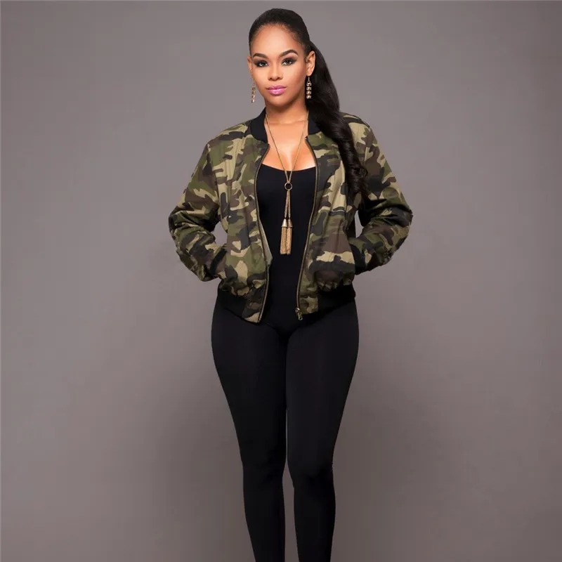 S-XL Women's Camouflage Print Long Sleeve Zipper Jacket