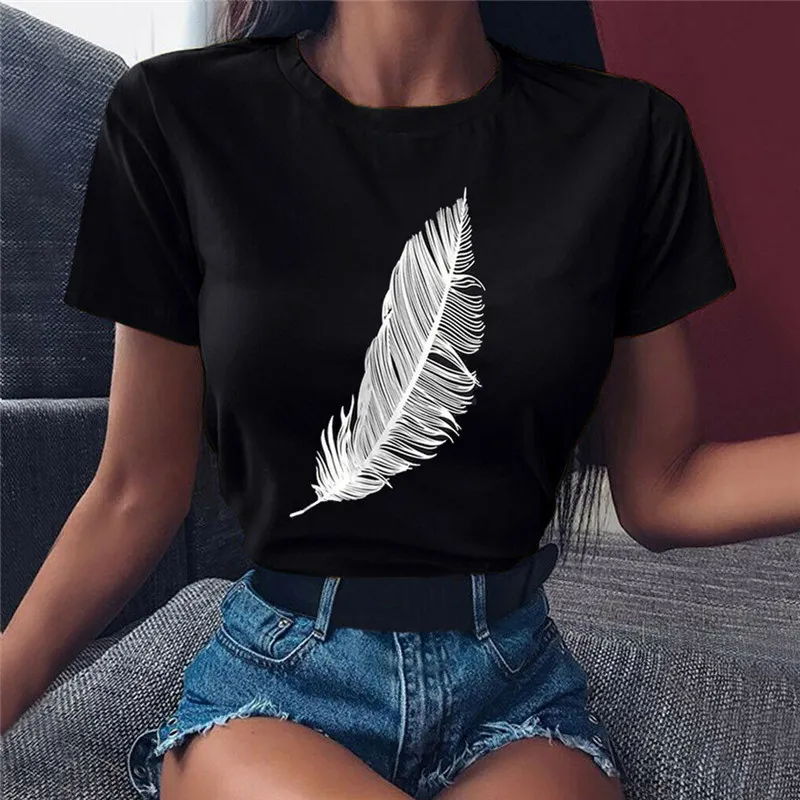 S-3XL Women Fashion Feather Print Modal T-Shirts
