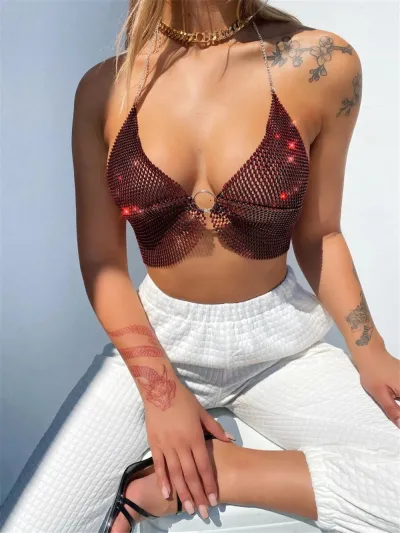 Women Sexy Mesh Rhinestone Party Camis Tank Top