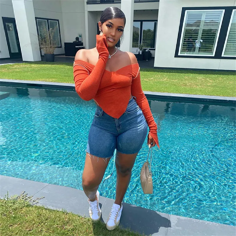 Women Fashion Solid Irregular Triangle Hemline V-Neck Off-Shoulder Crop Top