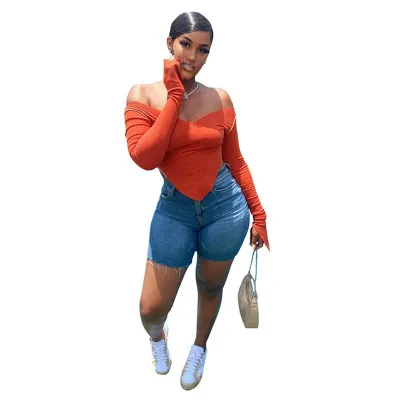 Women Fashion Solid Irregular Triangle Hemline V-Neck Off-Shoulder Crop Top