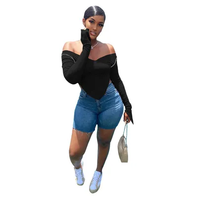 Women Fashion Solid Irregular Triangle Hemline V-Neck Off-Shoulder Crop Top