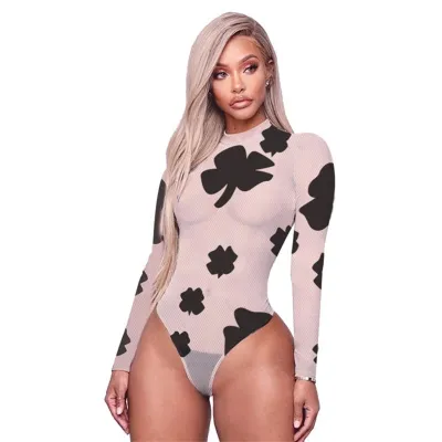 S-3XL Women Sexy Long Sleeve Clover Print See-Through Bodysuits