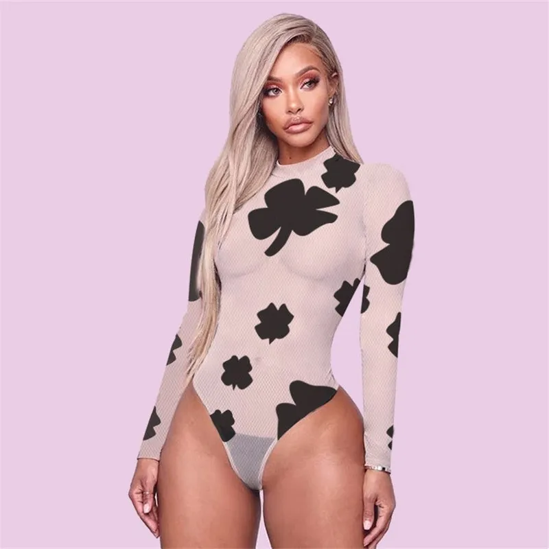 S-3XL Women Sexy Long Sleeve Clover Print See-Through Bodysuits