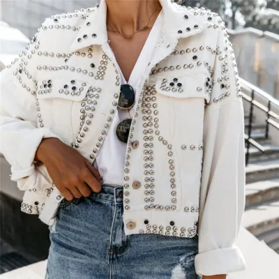 S-3xl Women Punk Denim Jacket with Lapel and Rivet Design for Office Commuting