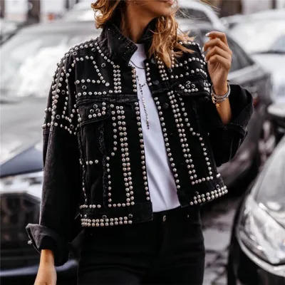 S-3xl Women Punk Denim Jacket with Lapel and Rivet Design for Office Commuting