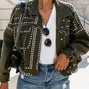 S-3xl Women Punk Denim Jacket with Lapel and Rivet Design for Office Commuting