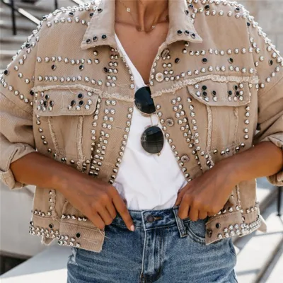 S-3xl Women Punk Denim Jacket with Lapel and Rivet Design for Office Commuting