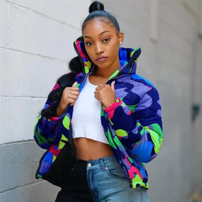 Women Winter Stand Collar Camouflage Printed Quilted Crop Coat