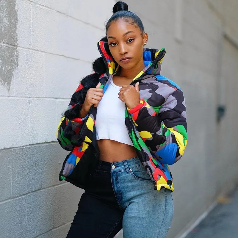 Women Winter Stand Collar Camouflage Printed Quilted Crop Coat