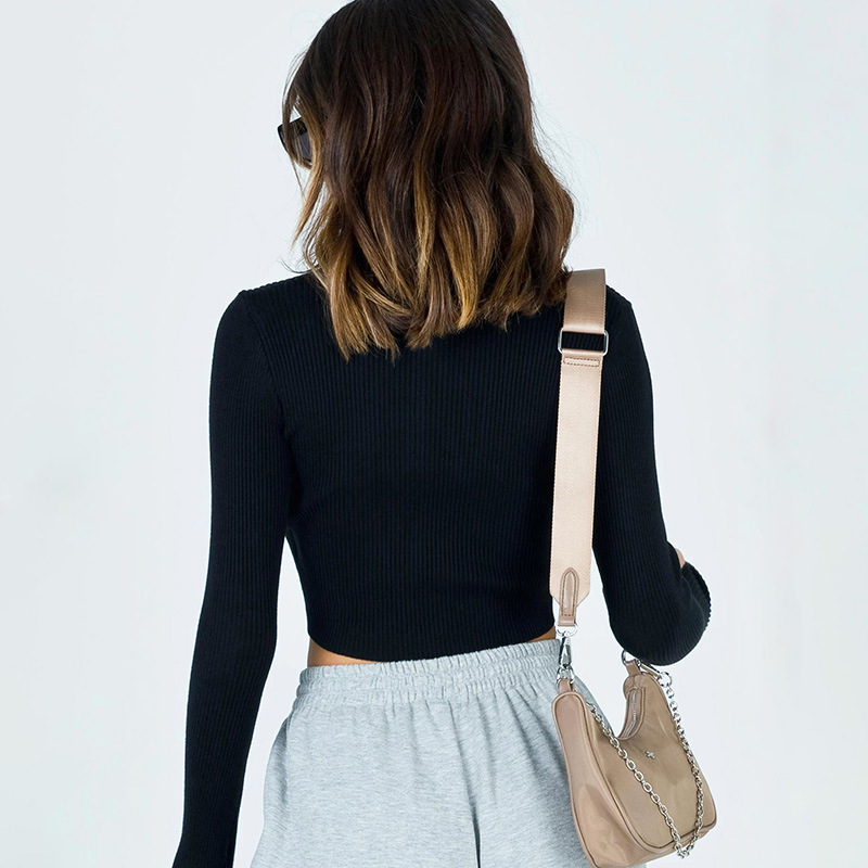 Wholesale S-L Women Sexy Zipper V-Neck Long Sleeve Crop Top