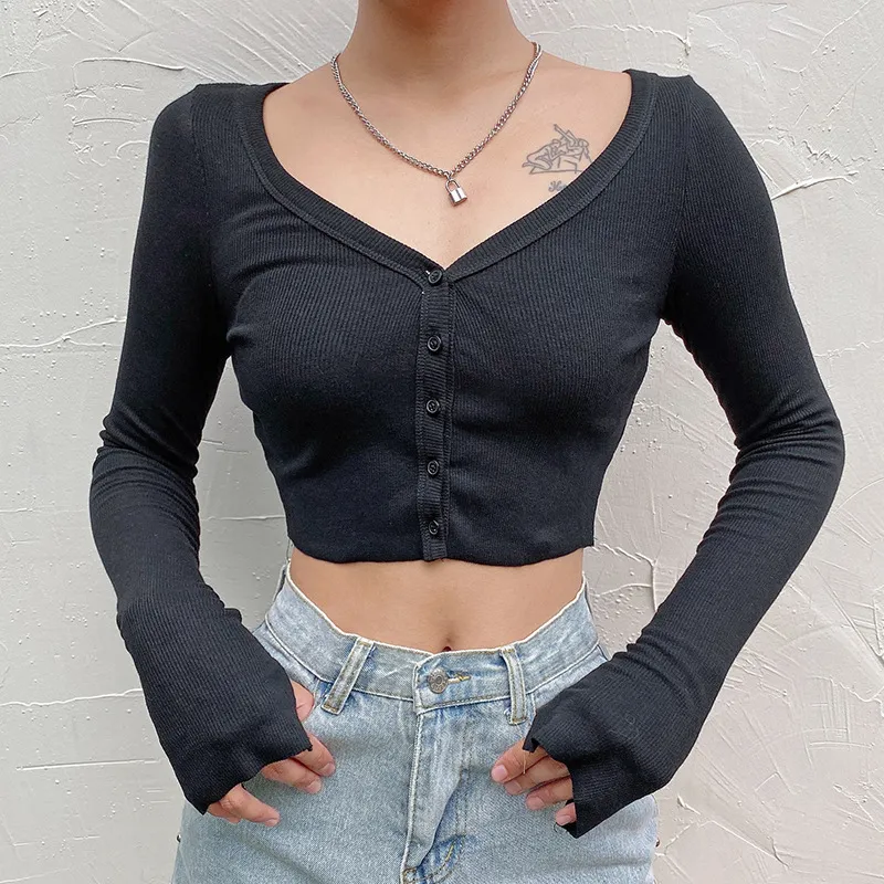 S-L Women Sexy V-Neck Buttoned Long Sleeve Crop Top Ribbed Pull Frame Street Hipster