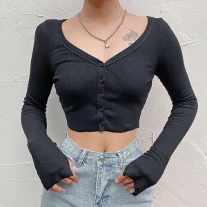 S-L Women Sexy V-Neck Buttoned Long Sleeve Crop Top Ribbed Pull Frame Street Hipster