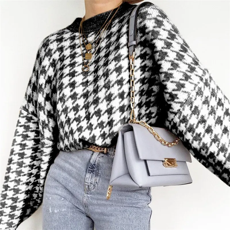 S-L Women Vintage Houndstooth Pullover Sweater
