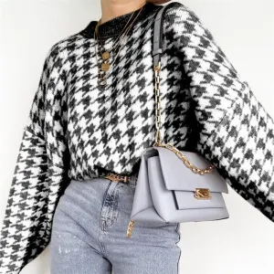 S-L Women Vintage Houndstooth Pullover Sweater
