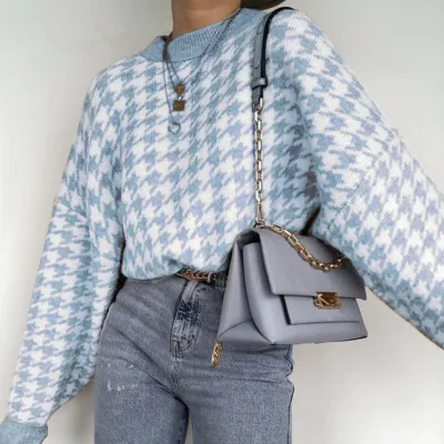 S-L Women Vintage Houndstooth Pullover Sweater
