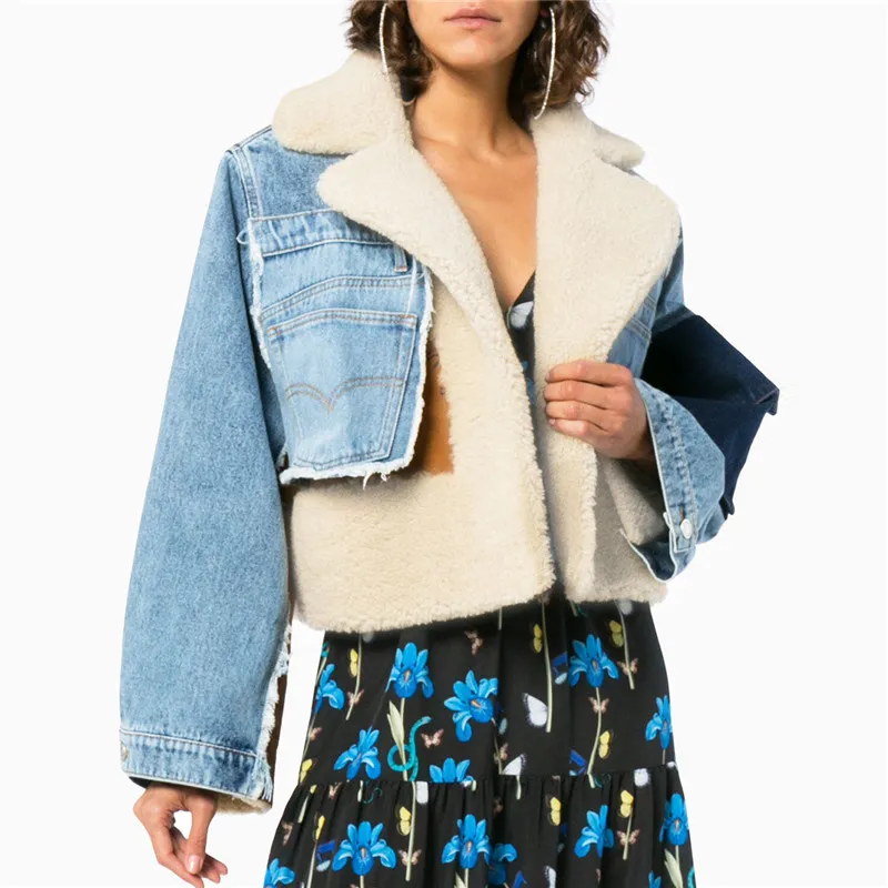 Women Plush Contrast Color Patchwork Denim Fluffy Winter Coat