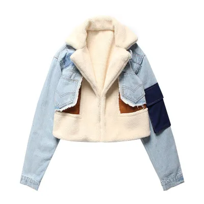 Women Plush Contrast Color Patchwork Denim Fluffy Winter Coat