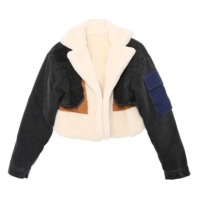 Women Plush Contrast Color Patchwork Denim Fluffy Winter Coat