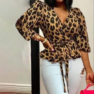 Women Fashion V-Neck Leopard Print Blouse Pullover