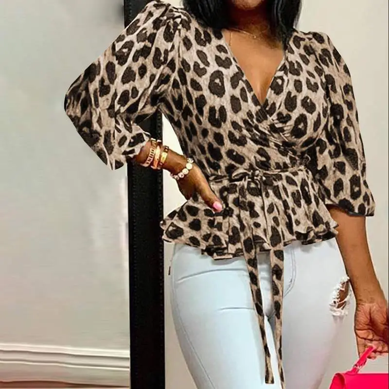 Women Fashion V-Neck Leopard Print Blouse Pullover