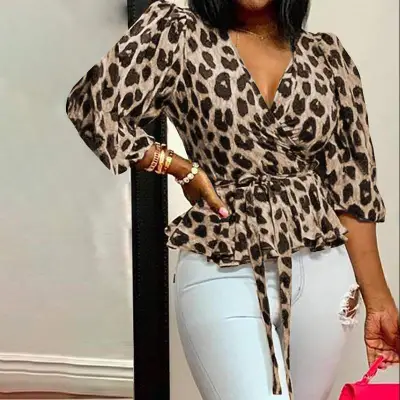 Women Fashion V-Neck Leopard Print Blouse Pullover