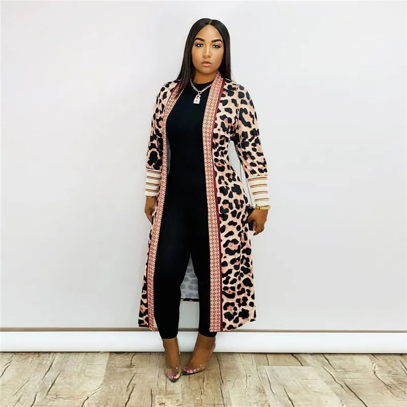 S-XXL Women Leopard Print Long Sleeve Cardigan Coat