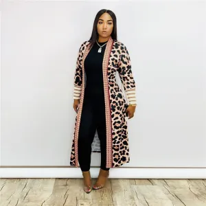 S-XXL Women Leopard Print Long Sleeve Cardigan Coat