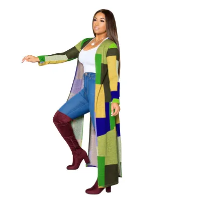 M-4XL Women Contrast Color Plaid Print Long Sleeve Cardigan Coat