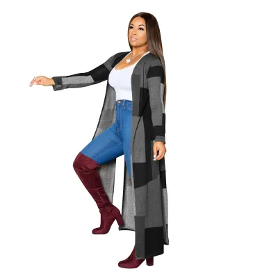 M-4XL Women Contrast Color Plaid Print Long Sleeve Cardigan Coat