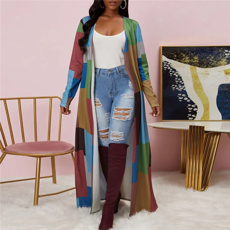 M-4XL Women Contrast Color Plaid Print Long Sleeve Cardigan Coat
