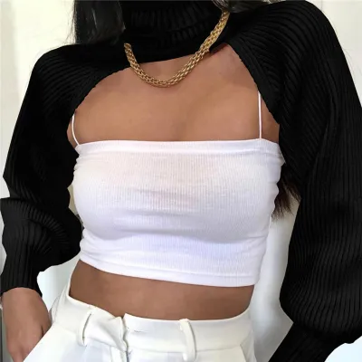Women's Rabbit Hair Blend Knitted Crop Top with Turtle Neck and Lantern Sleeves