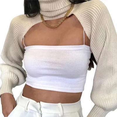Women's Rabbit Hair Blend Knitted Crop Top with Turtle Neck and Lantern Sleeves