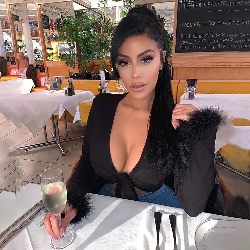 S-L Women Plush Sexy V-Neck Solid Color Fluffy Sleeve Crop Top