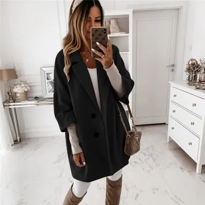 S-XXL Women Woolen Lapel Long Sleeve Coat for OL Commuting