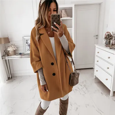 S-XXL Women Woolen Lapel Long Sleeve Coat for OL Commuting