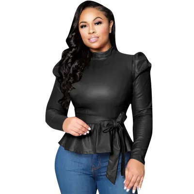 S-3XL Women Fashion Solid Color Long Sleeve PU Leather Blouse